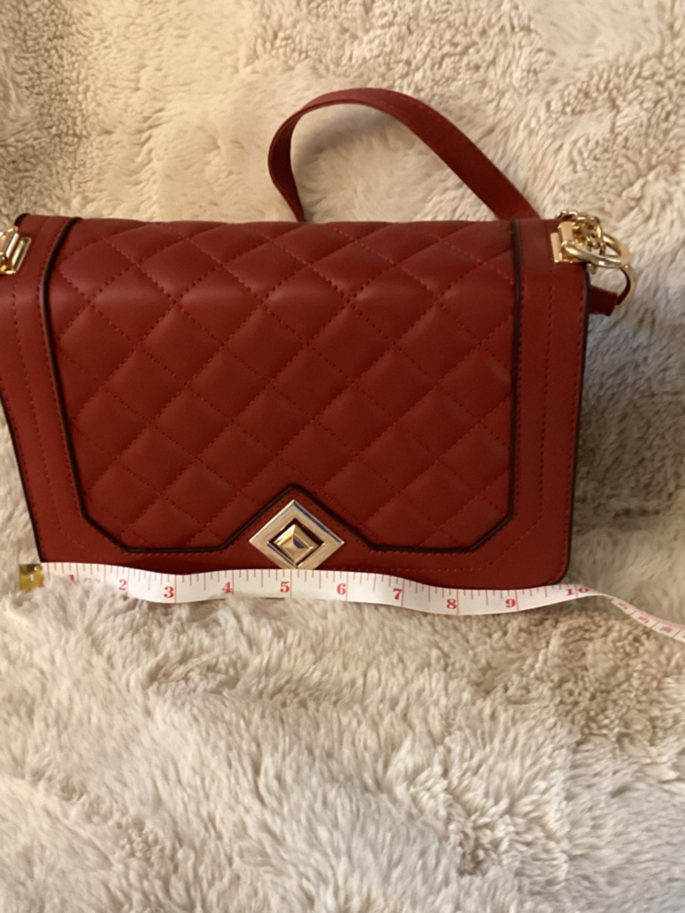 Quilted Brick Red Crossbody Bag with Gold Detail
